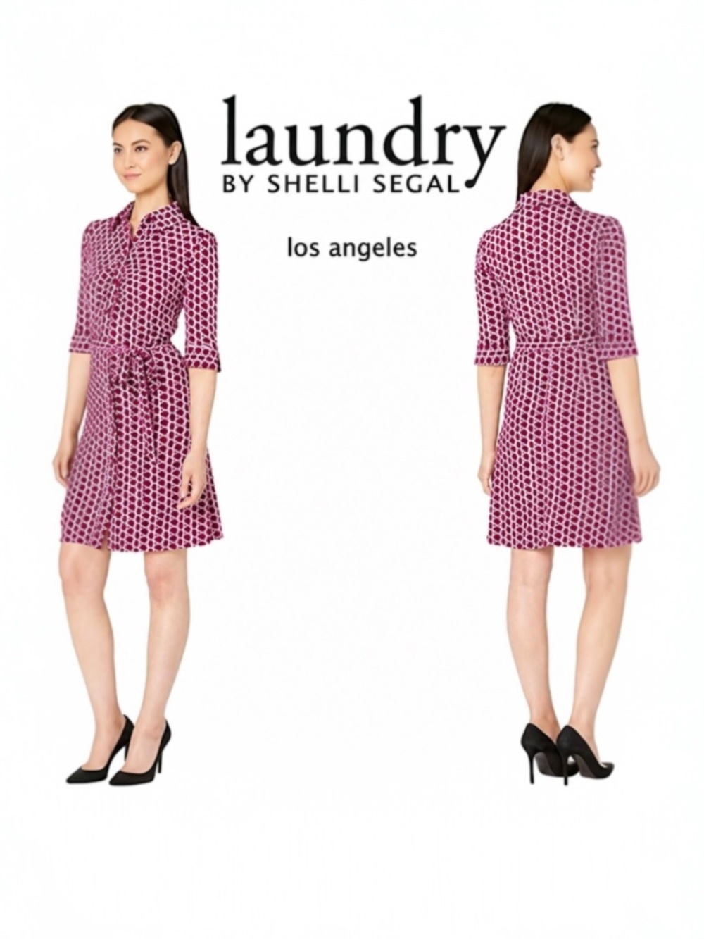 Laundry By Shelli Segal Shirt Dress 6 Pink Geo Print Belted 3/4 Sleeve